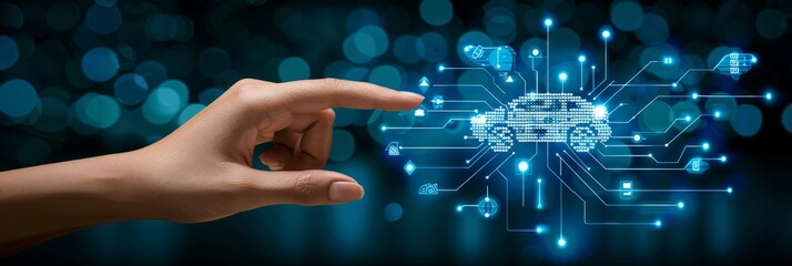 Poster - automotive engineer designing electric car hologram with ai system, smart ev car development concept