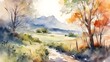 beautiful rural natural landscape watercolor painting
