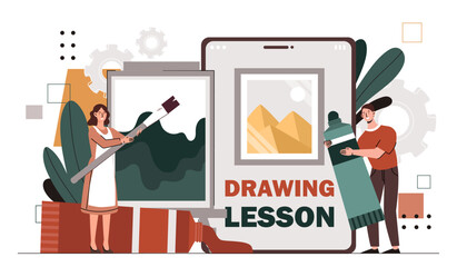 Fototapete - Drawing lessons online. Man and woman with paints and paintbrush near digital tablet. Creativity and art. Distant education and training. Cartoon flat vector illustration isolated on white background