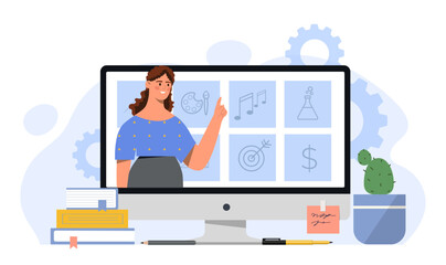 Poster - online learning concept. woman at computer monitor or display. distant education and training. teach