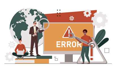 Poster - operating system error. two men with tools near computer screen. programmers and it specialists fix 