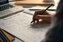 Designer sketching web layout ideas - A close-up shot captures a designer's hand sketching wireframe layouts for web development on paper with pencils and laptop nearby