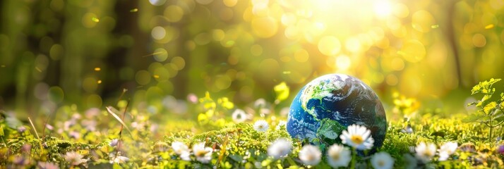 Wall Mural - globe on blooming field background with sun rays