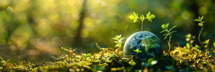 Wall Mural - globe on ground with tree sapling, forest background