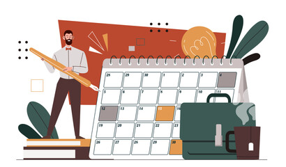 Poster - Man planning with calendar. Scheduling and task settings. Young guy with pencil planning. Time management and efficient workflow. Cartoon flat vector illustration isolated on white background