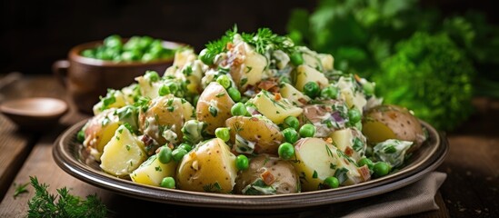 Wall Mural - A plate filled with a hearty serving of potato salad mixed with vibrant green peas and topped with fresh parsley leaves. The dish offers a combination of flavors and textures, with creamy potatoes