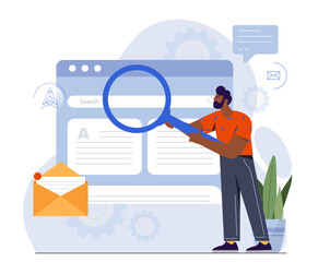 Poster - man with searching system. young guy with magnifying glass looking at website template. character lo