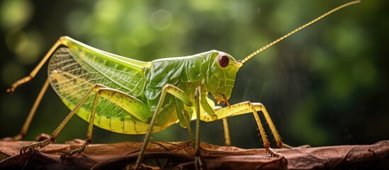 Wall Mural - A close-up view of a grasshopper perched on a branch, blending seamlessly with its surroundings. The intricate details of the grasshoppers body and the texture of the branch are clearly visible.