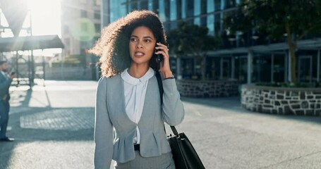 Poster - Woman, walking and smile in phone call in town with confidence, smile and conversation for business. Lens flare, corporate and female person on break with discussion in street, city and outdoor.