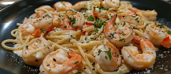 Poster - A black plate filled with freshly cooked pasta featuring succulent shrimp and grated parmesan, bathed in a creamy sauce. The dish is appetizing and visually pleasing, showcasing a harmonious blend of