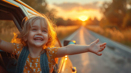 happy child girl goes on a summer travel trip in the car, a summer road trip. little cute kid in a car hanging outside the window