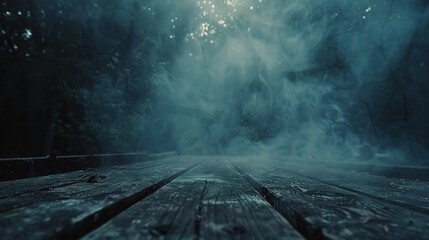 Wall Mural - empty wooden table with smoke float up on dark background