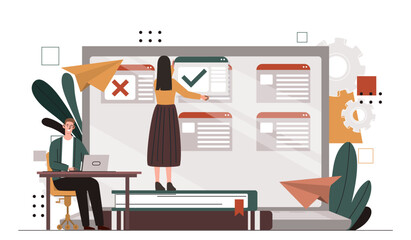 Poster - People with task management. Man and woman setting goals. Time management and organization of efficient work process. Colleagues working at common project. Cartoon flat vector illustration