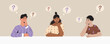 Thoughtful people set. Men and woman with question marks. Confused young guys and girl. Students trying to find solution and decision. Cartoon flat vector collection isolated on beige background