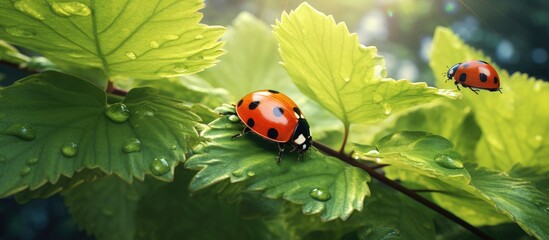 Canvas Print - A pair of red and black ladybugs can be seen sitting on top of a bright green leaf. The insects are nestled close together, their small black spots contrasting against the vibrant leaf.