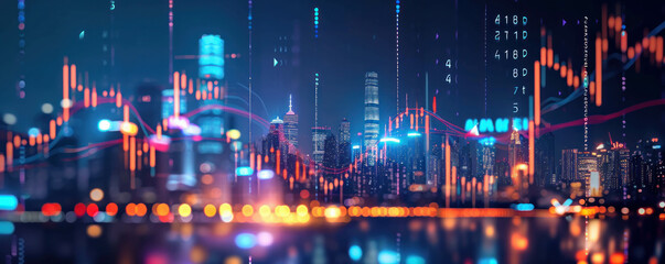 Wall Mural - Witness the convergence of financial analysis and artistic expression in this captivating image. The night skyline, ray tracing, and AI generative techniques produce a mesmerizing display of data.