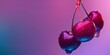 Hanging cherries with space for text, isolated from colorful background.