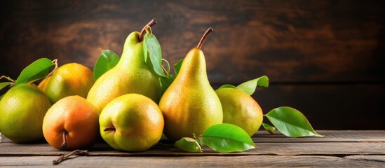 Sticker - A realistic painting depicting ripe pears and green leaves placed on a wooden table, showcasing the beauty of nature and promoting a healthy lifestyle.