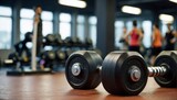 Fototapeta  - Gym weights, background people exercising, gym, exercise equipment, healthy living