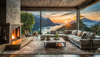 Wall Mural - elegant living room with fireplace, interior, home, furniture, water view, stone, rustic