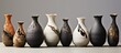A group of small vases crafted from burnt clay are arranged in a neat row, showcasing intricate artwork and detailing. Each vase varies in size and shape, creating an interesting visual display.