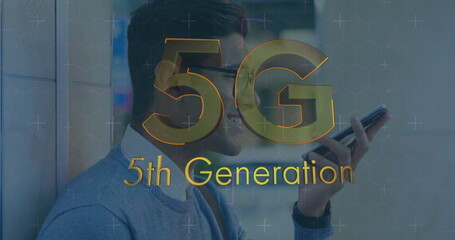 Poster - Digital composite image of 5g text against man talking on smartphone at office