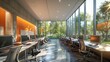 © CLOVER BACKGROUND - Side view of an open space office environment with rows of computer tables standing near a panoramic windows