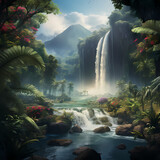 A majestic waterfall in a tropical setting.