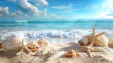 Fototapeta Łazienka - Summer concept with sandy beach, shells and starfish