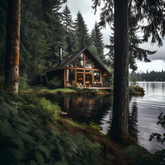 Sticker - A peaceful lakeside cabin surrounded by trees. 
