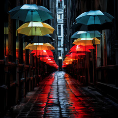 Poster - A row of colorful umbrellas in a rainy alley.