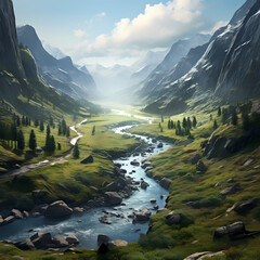 Wall Mural - A serene river winding through a mountain valley.