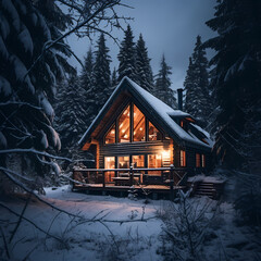 Canvas Print - A snowy cabin in the woods.