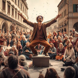 Fototapeta Londyn - A street performer entertaining a crowd in a city square.