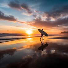 A Surfer Walking Along The Shoreline At Sunrise.