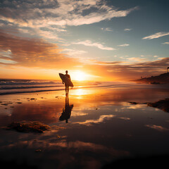 Poster - A surfer walking along the shoreline at sunrise.