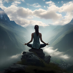 Poster - A woman practicing yoga on a mountaintop.