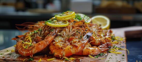 Sticker - A wooden cutting board is filled with numerous sizzling fried shrimps, creating a mouth-watering display. The shrimp is placed on the board, topped with lemon zest, showcasing a delicious seafood