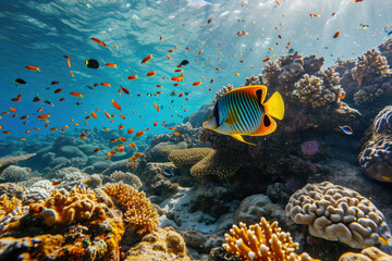 Sticker - Underwater with colorful sea life fishes and plant at seabed background, Colorful Coral reef landscape in the deep of ocean. Marine life concept, Underwater world scene.