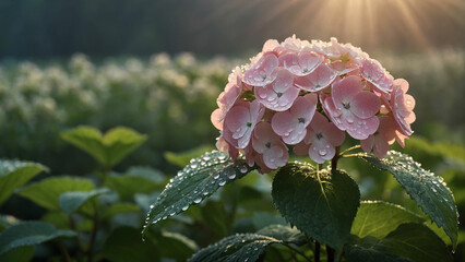 Early morning scene featuring a single hydrangea bush adorned with droplets of dew glistening under the sunlight, the dewdrops catch the light and creating a sparkling effect on the delicate petals
