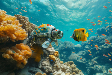 Wall Mural - Robotic observation marine life in the ocean background, Underwater with colorful sea life fishes and plant at seabed, robotic sea fish.