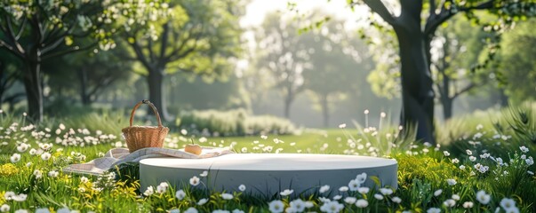 Fototapete - Spring Picnic A blank pedestal in a lush spring meadow with a picnic blanket and basket in the background minimalist 3D rendering inviting a joyful spring outing