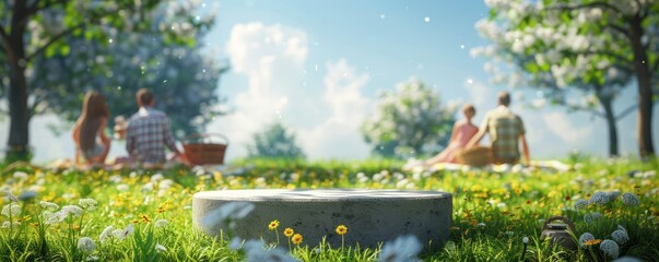 Fototapete - Spring Picnic A blank pedestal in a lush spring meadow with a picnic blanket and basket in the background minimalist 3D rendering inviting a joyful spring outing