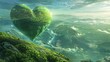 A green heart floating above a landscape of flourishing forests and clean oceans a hopeful vision for the future of our planet