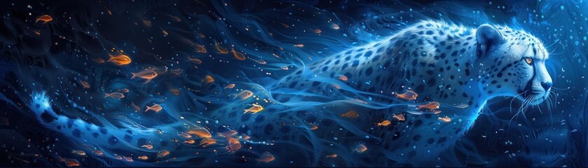 ethereal dream serenity fantasy exploration a blue cheetah encountering a school of luminescent fish