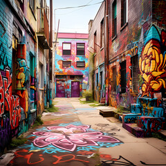 Wall Mural - Colorful graffiti-covered alley.