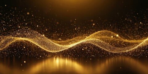 Wall Mural - Digital gold particles wave and light abstract background with shining dots stars