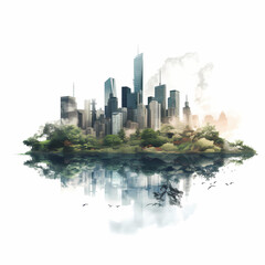 Canvas Print - Double exposure of a city skyline and nature. 