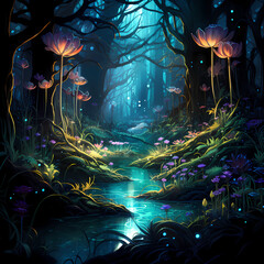 Sticker - Enchanting forest with bioluminescent plants. 