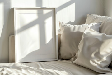 Sticker - High angle and closeup view of a white wooden frame mockup lie flat on a white couch sitting area, with sunlit...